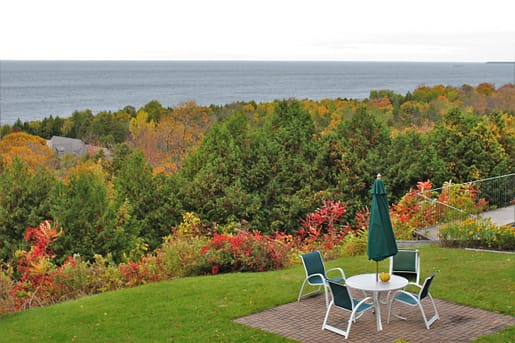 View of Green Bay and autumn colors from our balcony at Egg Harbor Lodge.